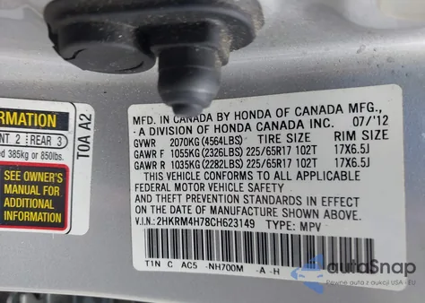 2012 Honda Cr-V Ex-L from USA, damaged, VIN 2HKRM4H78CH623149